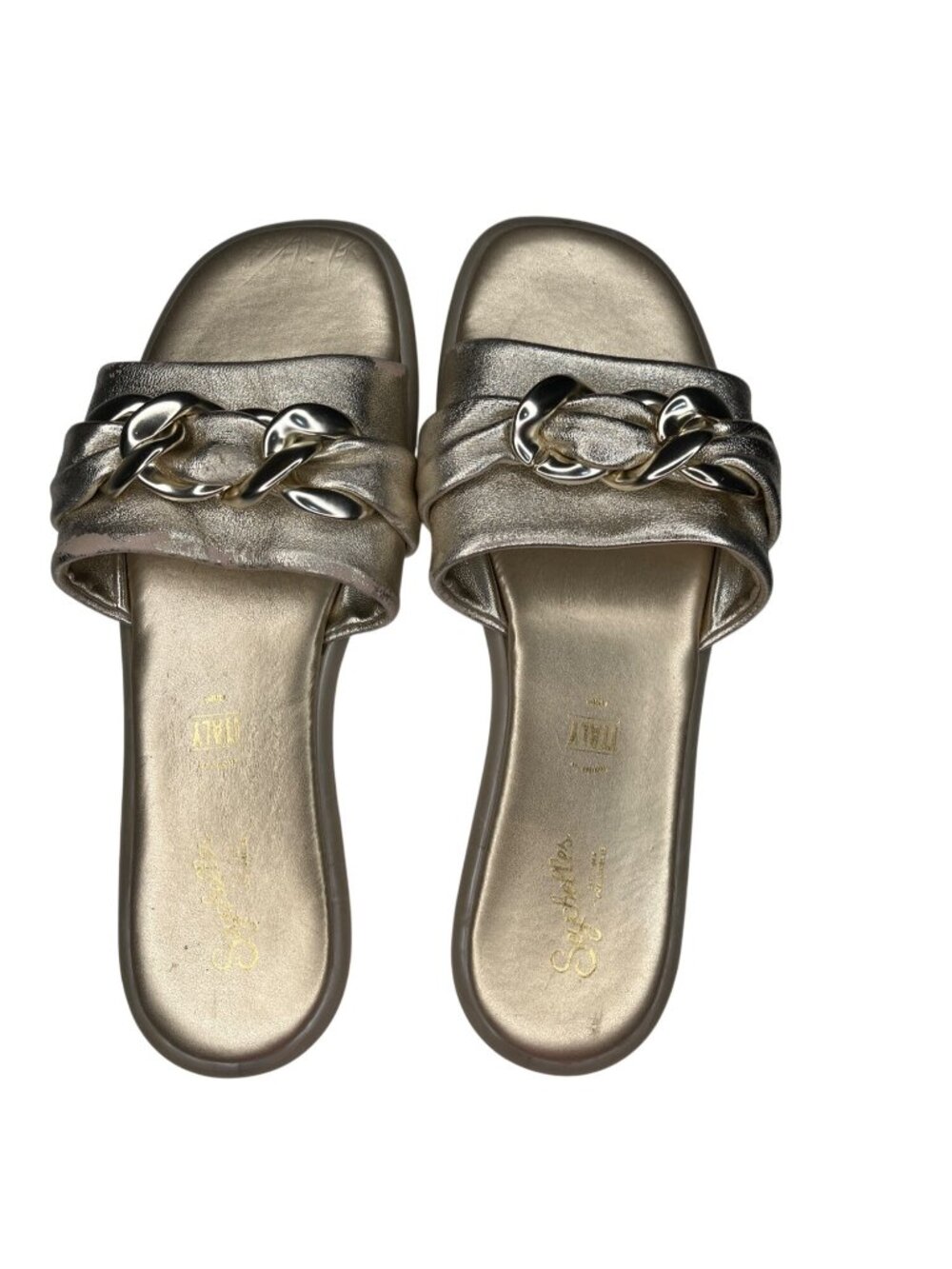 Seychelles Womens Tulum Metallic Gold Slide Sandals W/ Chain Accent - Size 9.5M